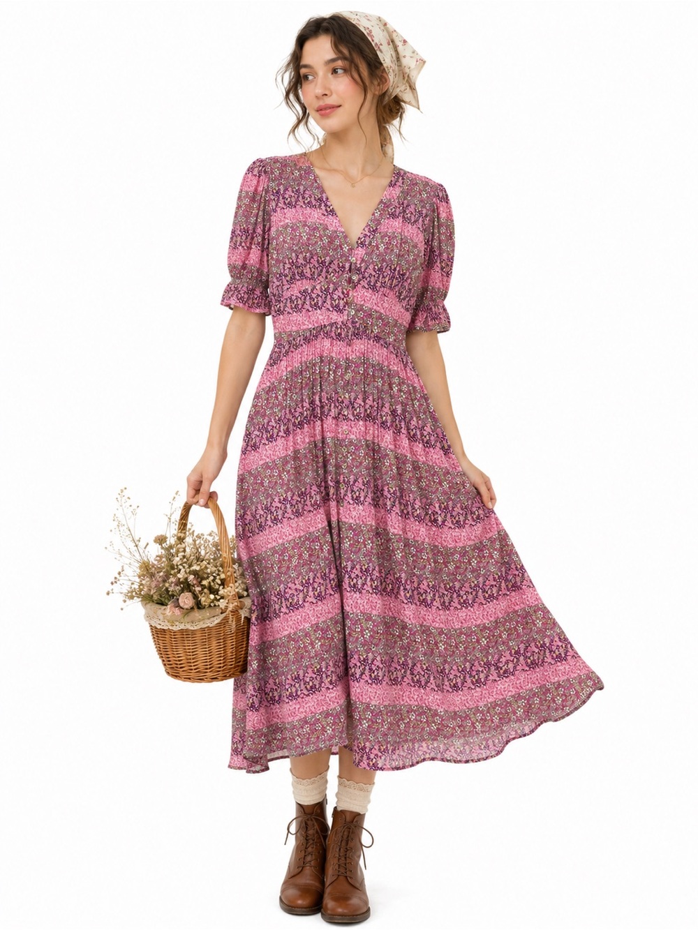 Prairiecore Ditzy Floral Puff Sleeve Button Down Maxi Dress Feminine Countrycore
